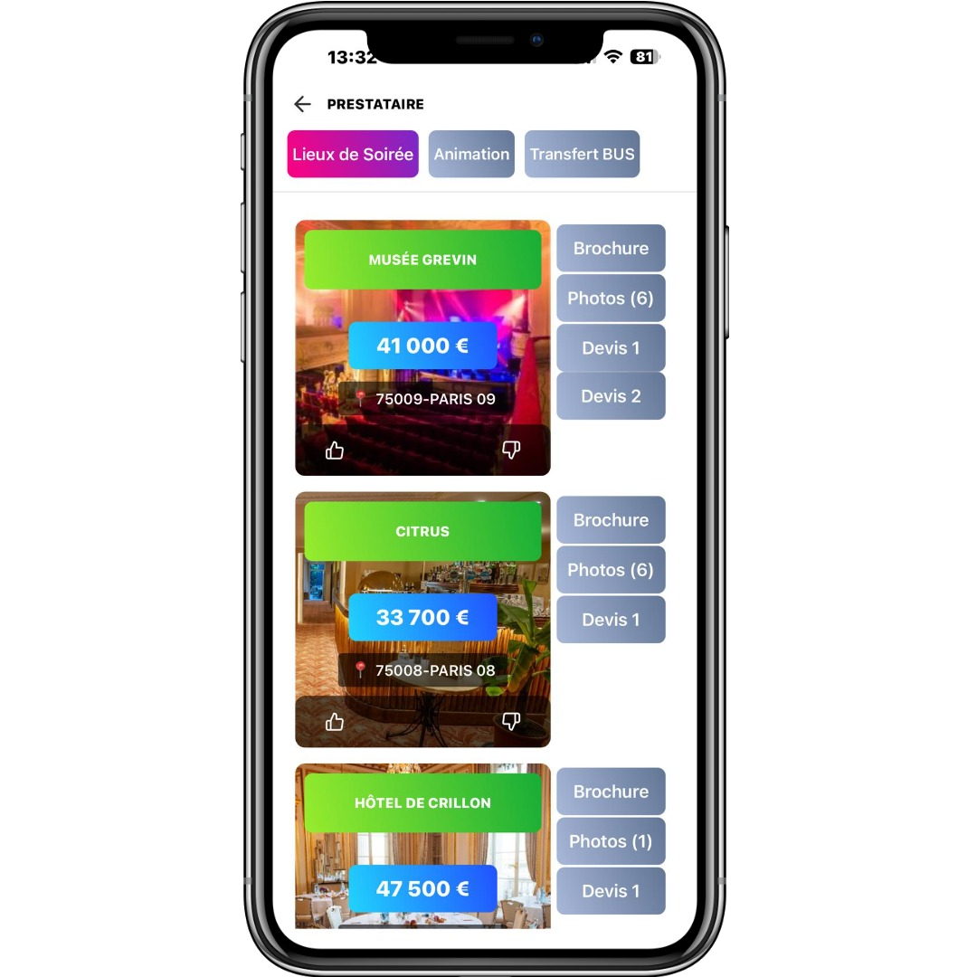 Écran gestion événements